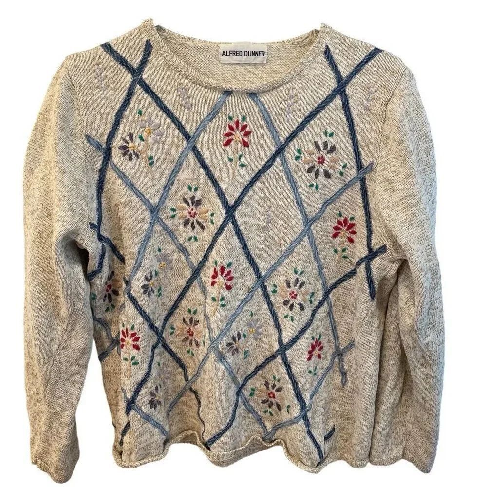 Alfred Dunner Womens Denim Lattice Embroidered Crewneck Sweater M Grannycore
